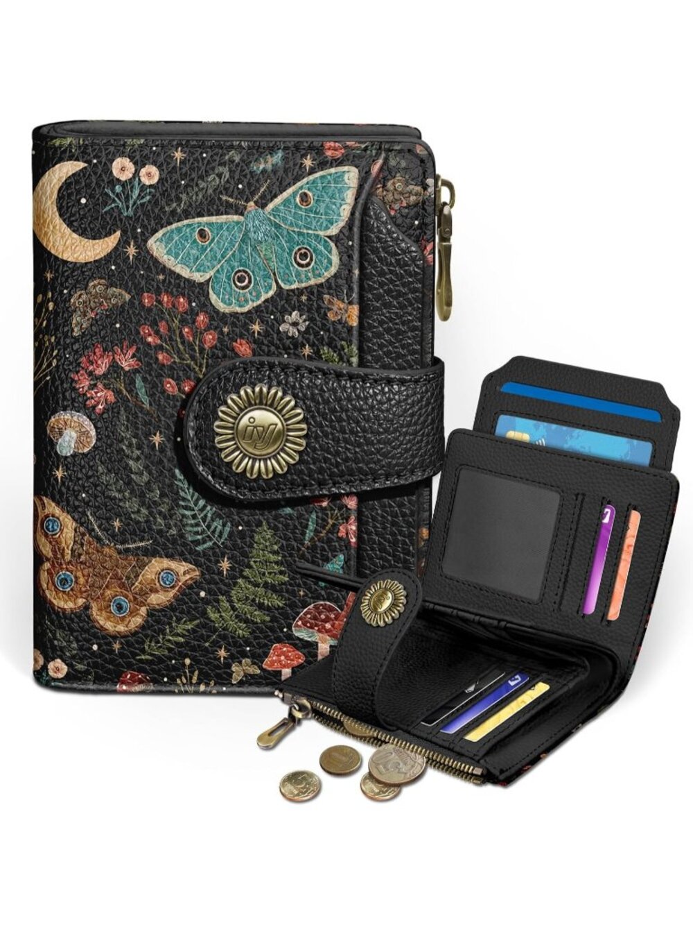 〽️Women Butterfly PU Leather RFID Blocking Bifold Wallet 14 Card Slots, Cash Pur